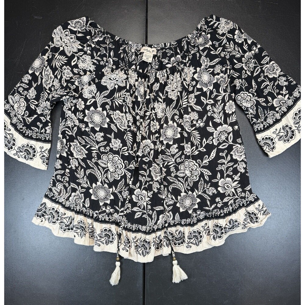 Lola P Floral Off The Shoulder Blouse Bell Sleeve Rayon Medium Black And Beige